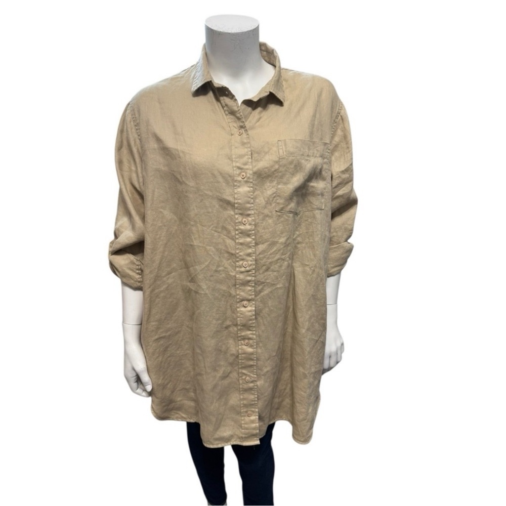 QUINCE Size XL 100% European Linen Button Up Tunic Blouse Long Sleeves Pockets - Picture 4 of 5